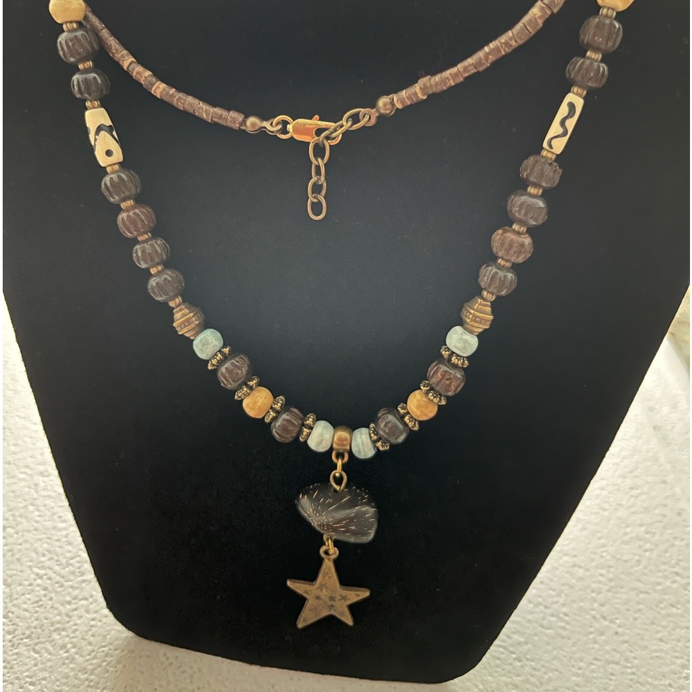 Long necklace with wooden and glass beads